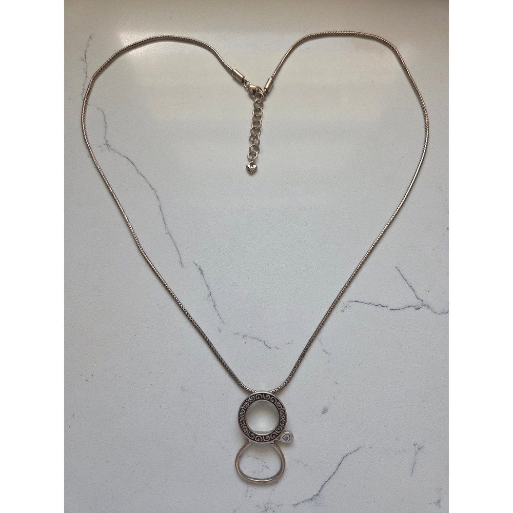 Brighton Silver Tone Scrollwork Eyeglass Holder Necklace Heart Charm 38 Inch